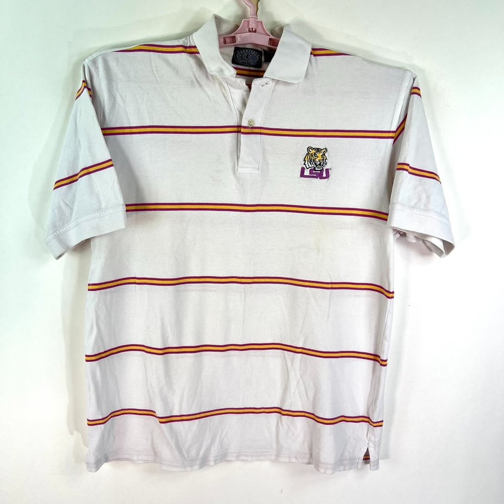 LSU Tigers Striped Short Sleeve Polo Mens Size L White Embroidered
